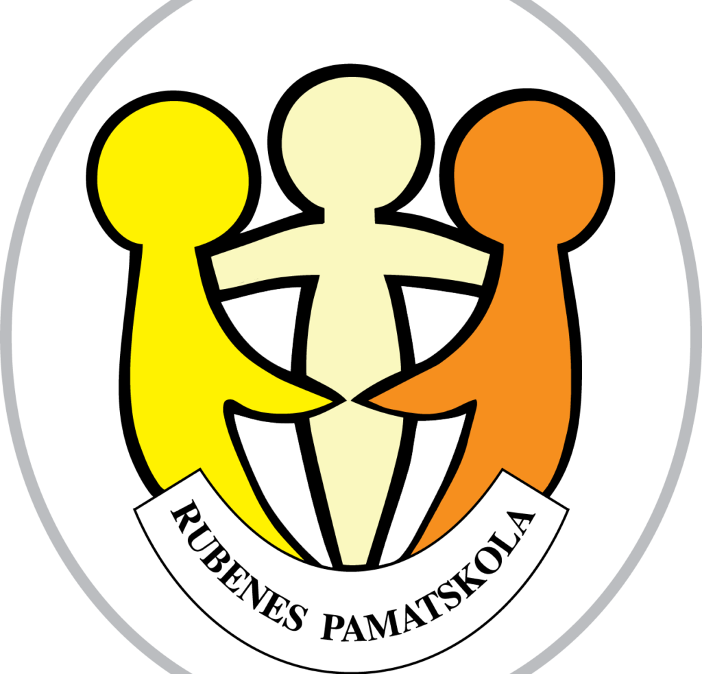Rubenes pamatskolas apaļas formas logotips ar pelēku apmali uz balta fona. Centrā attēlotas trīs stilizētas cilvēku figūras, kas sadevušās rokās un simbolizē draudzību. Kreisā figūra ir dzeltena, labā – oranža, bet aizmugurējā centrālā figūra – gaiši dzeltenā krāsā. Logotipa apakšdaļā puslokā izvietota balta lenta ar melnu tekstu lielajiem burtiem "RUBENES PAMATSKOLA".
