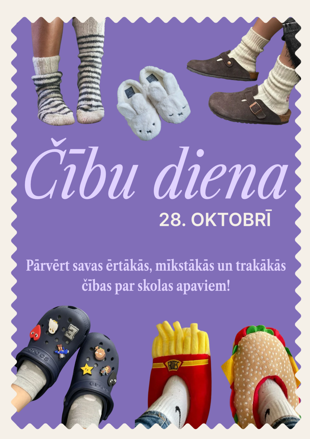 Čību diena 28.oktobrī. Pārvērt savas ērtākās, mīkstākās un trakākās čības par skolas apaviem!